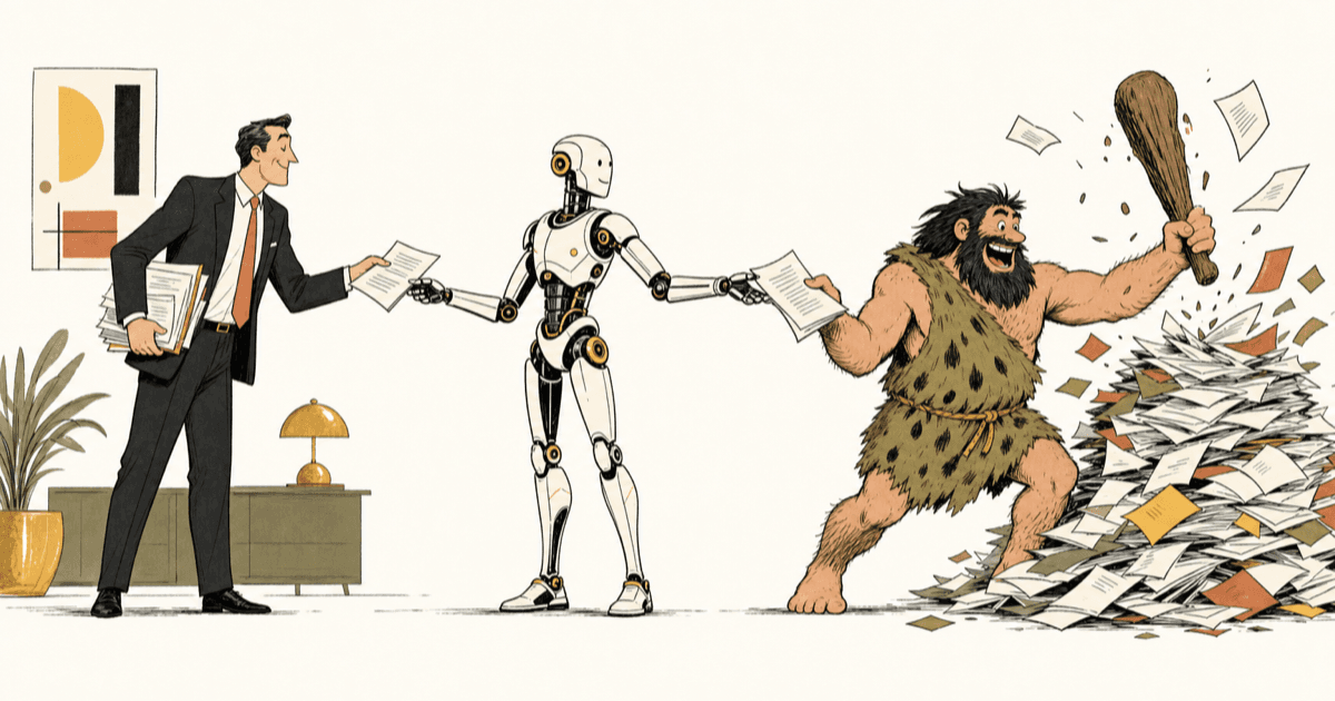 A businessman hands paperwork to a humanoid AI, which passes another sheet onward to a caveman gleefully clubbing a mound of papers.